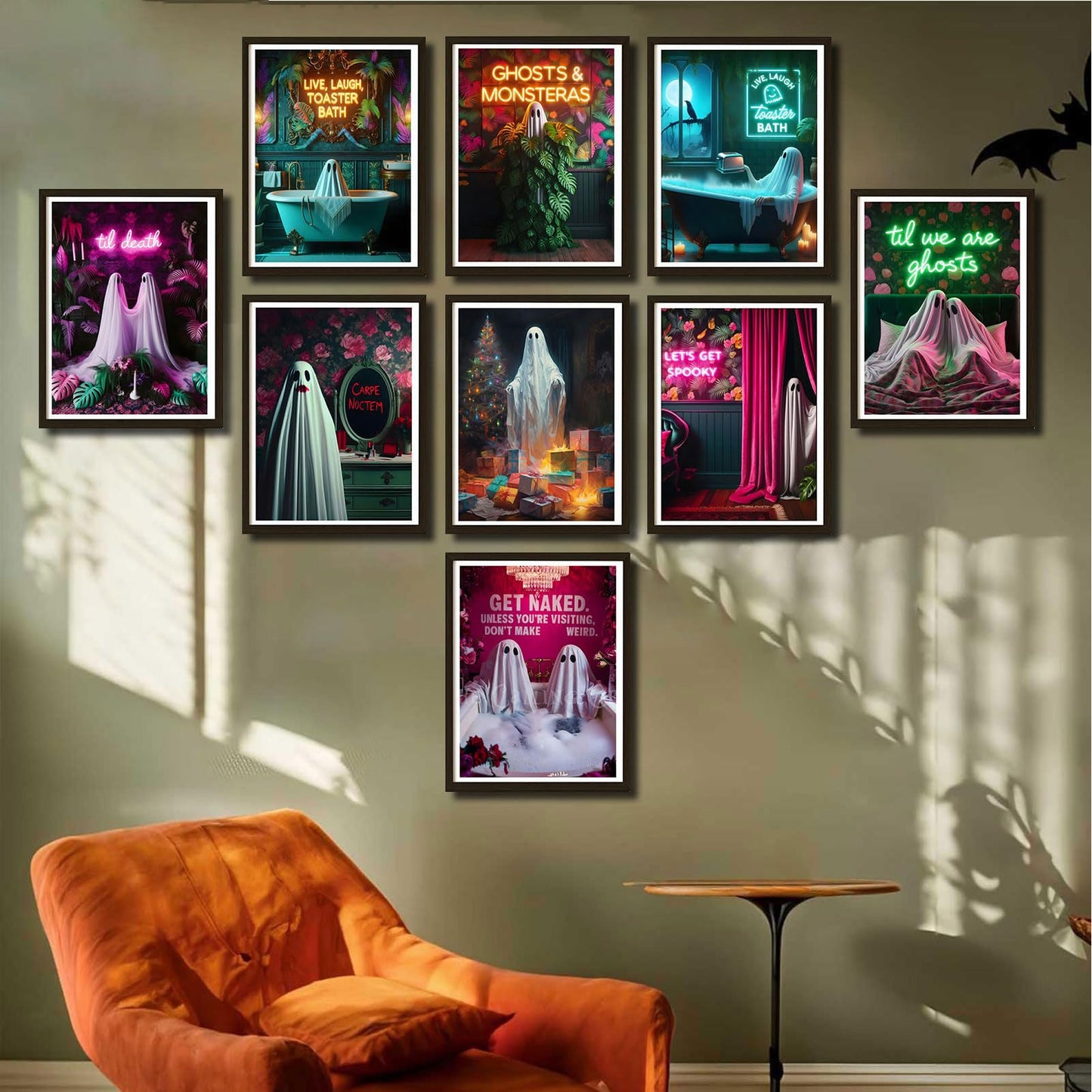 9Pcs Halloween Ghosts Canvas Wall Art Fashion Funny Gothic Romantic Couple Cute Ghost Wall Decor Pictures Horror Creepy Dark Academia Posters Prints for Modern Home Hotel Room Decoration Unframed