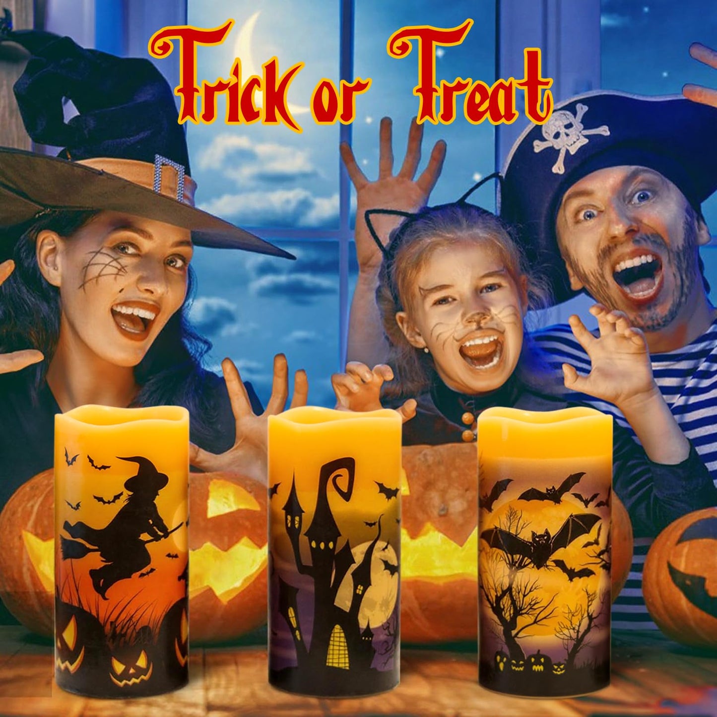 DRomance Rechargeable Halloween Flameless Candles Battery Operated with 6 Hour Timer Real Wax Flickering LED Pillar Candles Bats Witch Pumpkin Dinner Halloween Indoor Deocration(3 Pack, 3" D x 6"" H)"