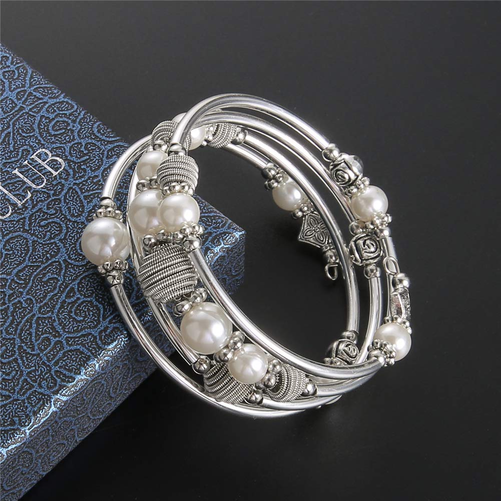 Beaded Chakra Bangle Turquoise Bracelet - Fashion Jewelry Wrap Bracelet with Thick Silver Metal and Mala Beads, Birthday Gifts For Women(White Pearl)