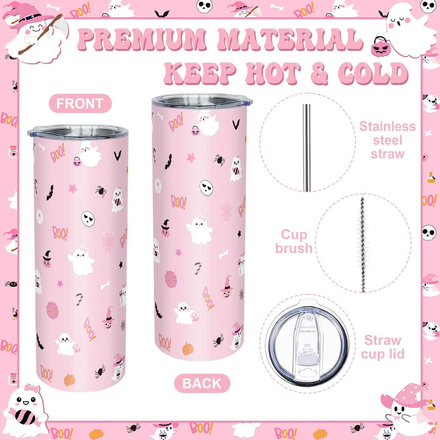8 Pcs Halloween Boo Basket Gifts Pink Ghost Gift Halloween Boo Basket Stuffers for Women Include 20 oz Ghost Tumbler with Lid and Straw Throw Blanket Socks Keychain Bracelet Candle Card with Gift Box