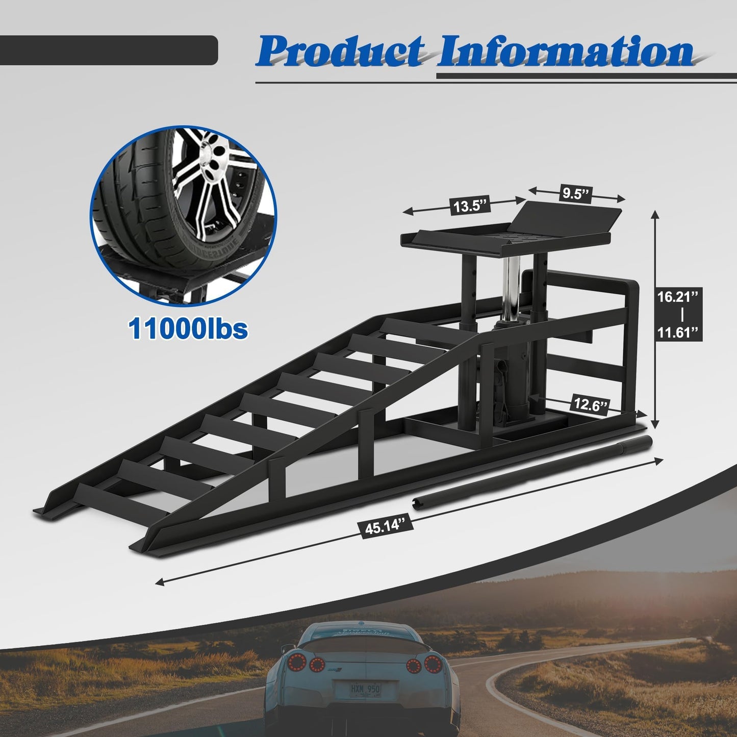 2 Pack Hydraulic Car Ramps 5T 10000lbs Low Profile Car Lift Service Ramps Truck Trailer Garage,Height Hydraulic Vehicle Ramps, Lift Height 11.61-16.21 Inches