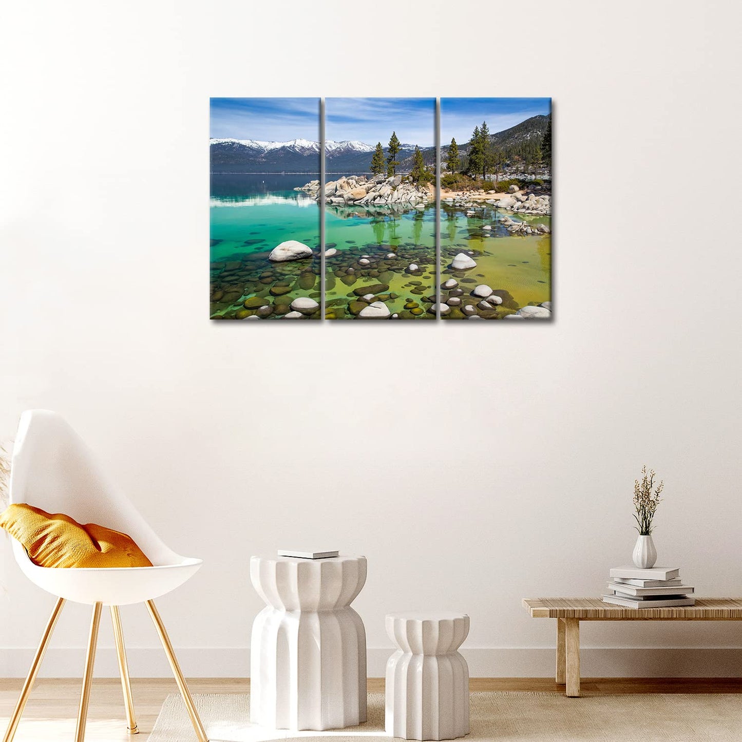 Lake Tahoe Wall Art Decor Clear Turquoise Water and Green Mountain Trees Forest in the California Canvas Pictures Artwork 3 Panel Landscape Painting Prints for Home Living Dining Room