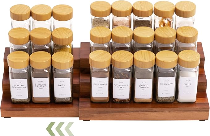 KitchenEdge Expandable Spice Rack Organizer for Cabinet, 3-Tier Shelf for Spice Organization (11â to 22â), Fits 36 Spice Jars, Seasoning and Pantry Storage, Non-Slip Feet, 100% Acacia Wood