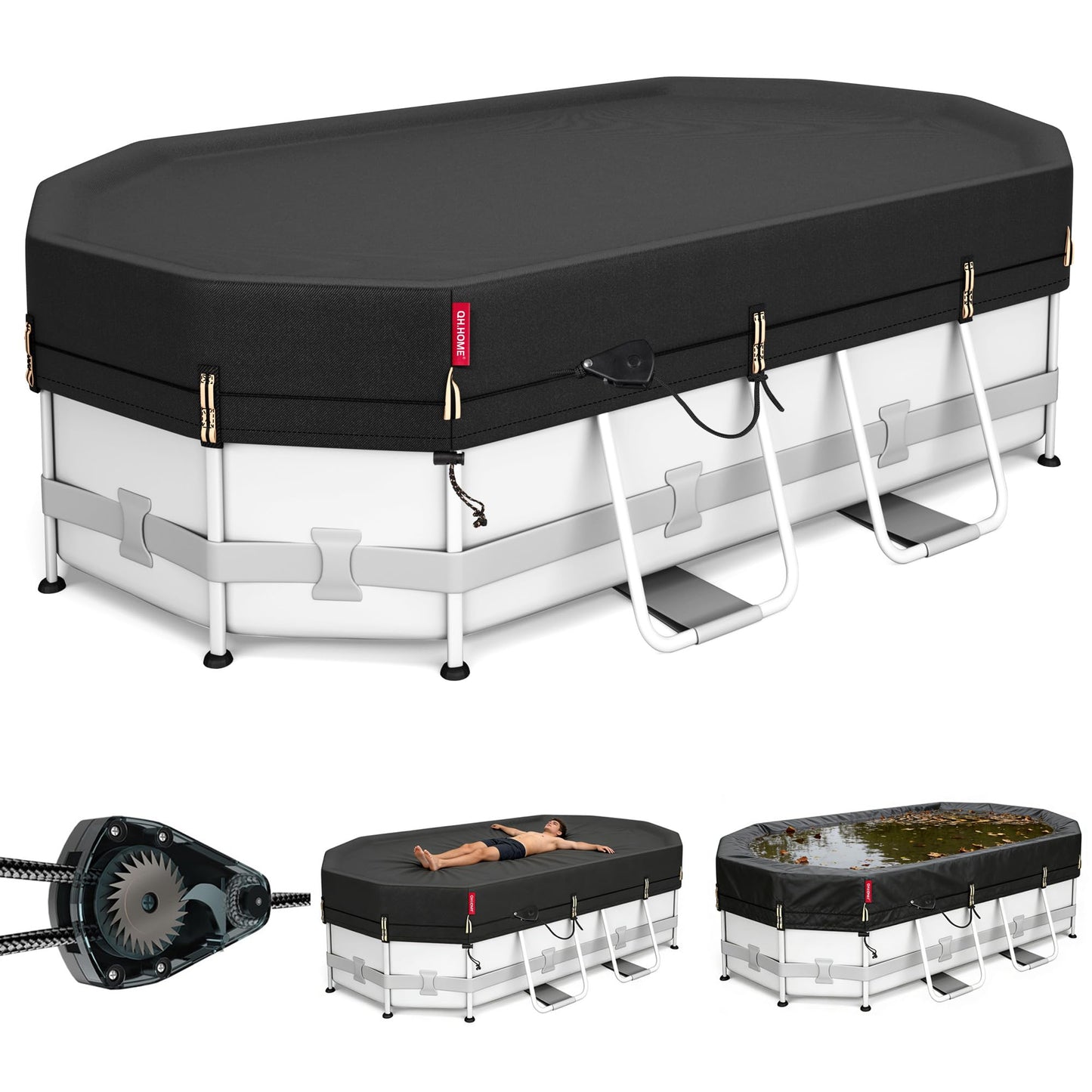 QH.HOME 10x16ft Oval Pool Cover,[Ultimate Windproof & Tear-Resistant Fabric],Snug Fit with Patented Ratchet & Weight Rings,Solar Pool Cover for Above Ground Pools, Blocks Leaves &Waterproof