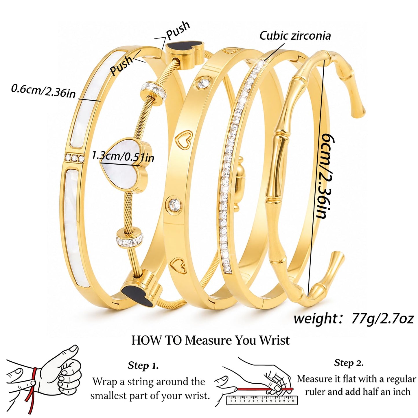 Womens 18K Gold Plated Bangle Bracelet Set 5Pcs Stackable Bangles Waterproof Stainless Steel Mother of Pearl Heart Cubic Zirconia Jewelry Gifts for Women