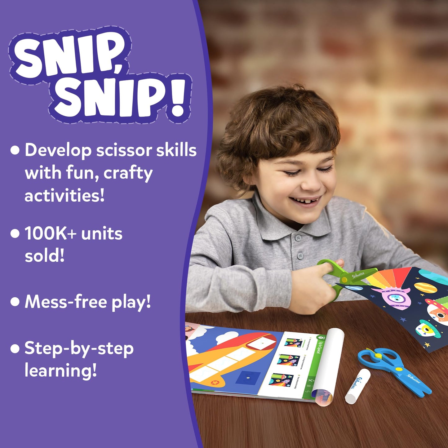 Skillmatics Scissor Skills Activity Book - Snip Snip, 25 Fun Cutting & Creative Activities for Preschoolers, 2 Child-Safe Scissors, Fine Motor Skills, Felt Craft Kit, Gifts for Kids Ages 3, 4, 5, 6, 7