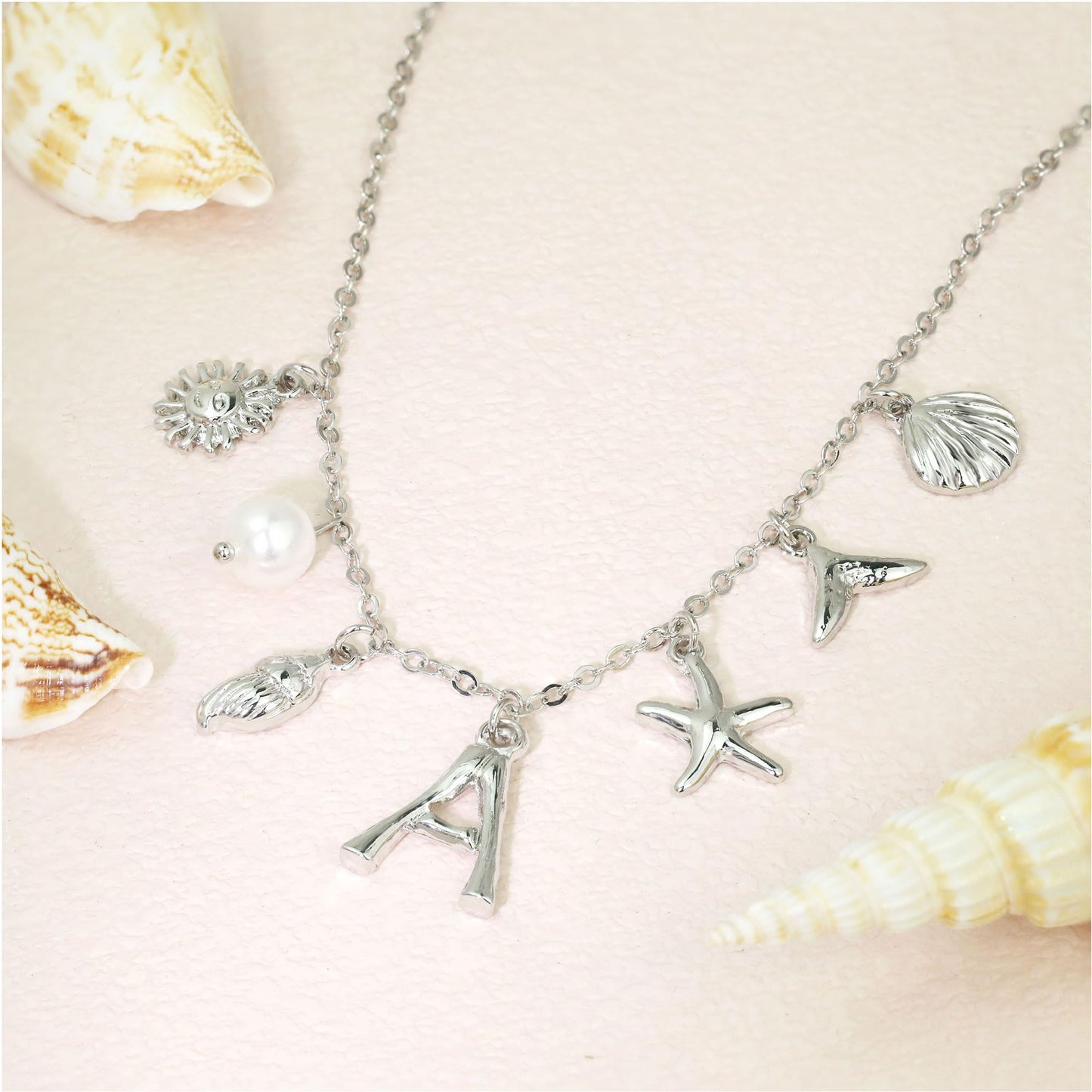 JALZEMPL Initial Charm Necklace For Women Seashell Shell Letter Boho Summer Beach Starfish 14k Gold Plated Silver Pendant Surfer Jewelry Gifts (G,Silver)