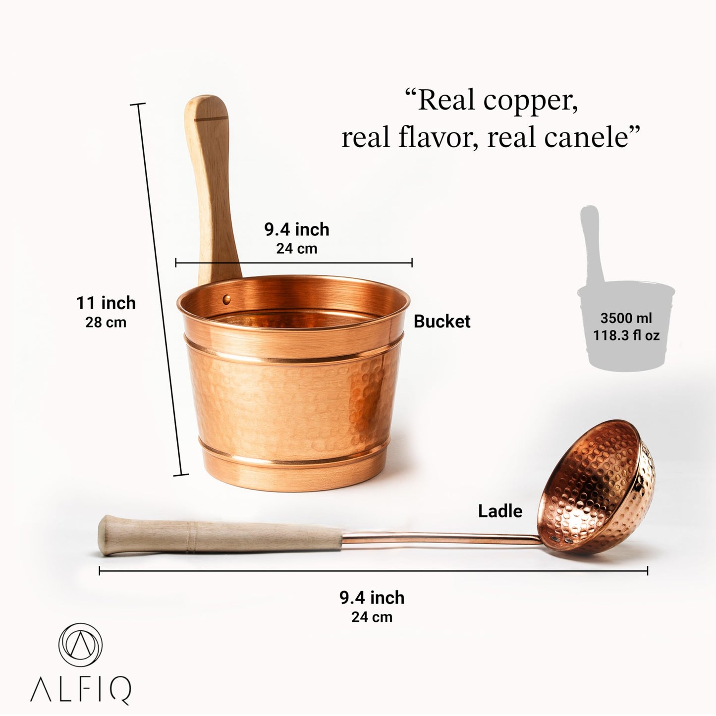 ALFIQ Hammered Copper Sauna Bucket & Ladle Set - Handcrafted Pure Copper Turkish Hammam Spa Accessory, Traditional Sauna Water Bucket with Wooden Handle, Polished Finish, Durable Artisan Design