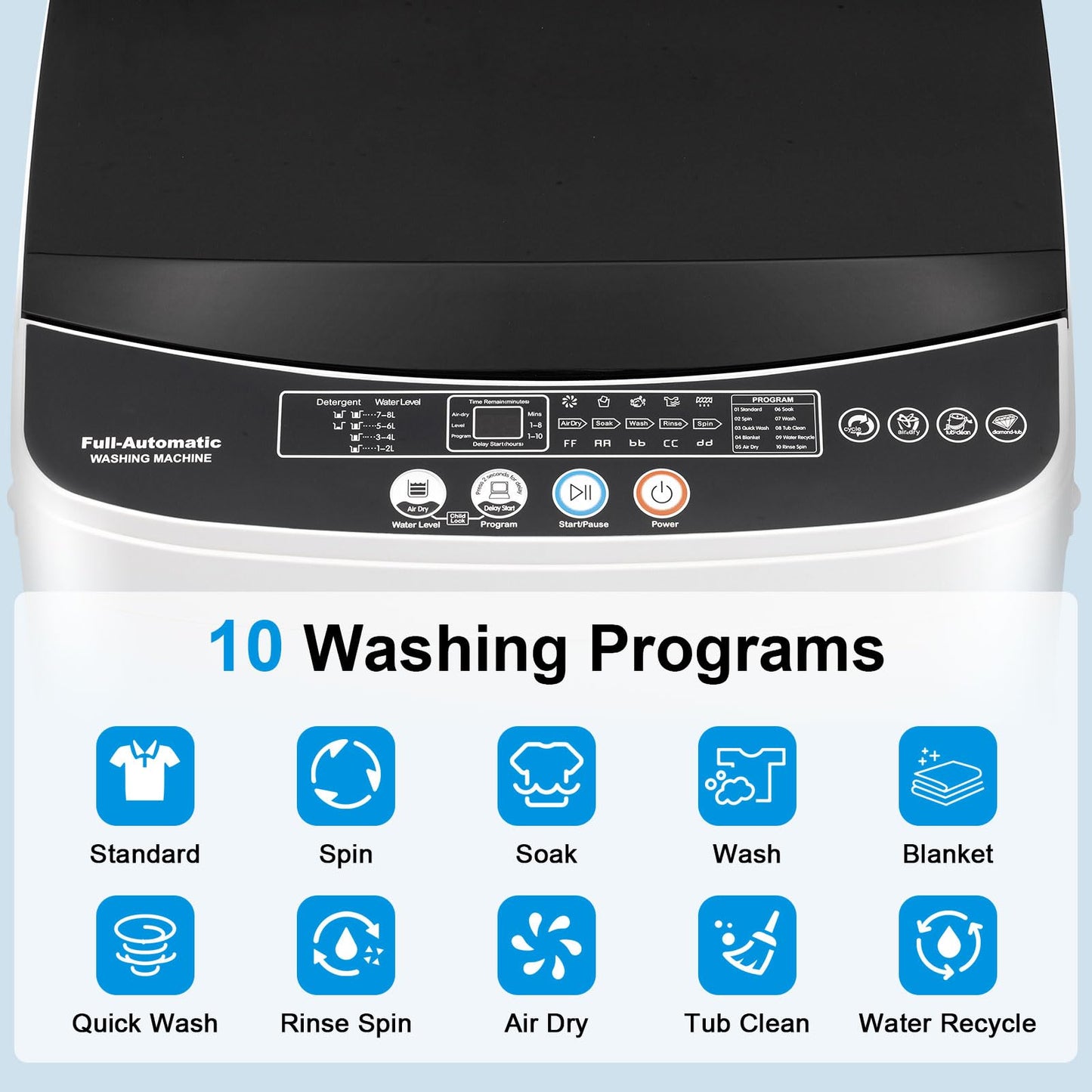 Stopsad 2.2 Cu.Ft Portable Washing Machine, Full-Automatic Electric Laundry Machine with 10 Programs, Compact Clothes Wash and Spin Combo with Stainless Steel Drum, Drain Hose for Apartment, Dorm,Home