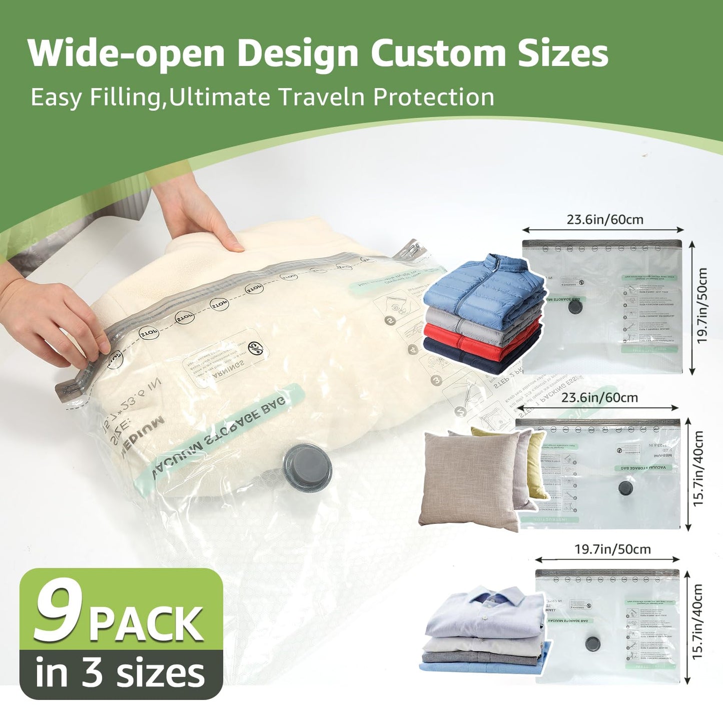 9 Packs Vacuum Bags for Travel with Rechargeable air Pump, 3 Sizes Vacuum Seal Bags for Clothing, Space-Saving Compression Storage Bags for Travel & Closet Organization
