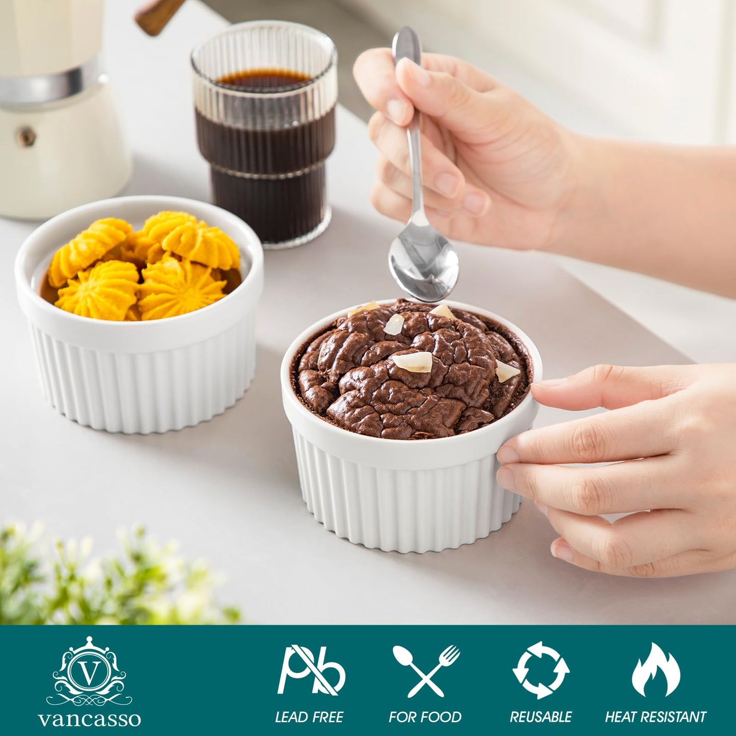 vancasso 10 oz Ramekins with Lid, Porcelain Creme Brulee Souffle Dishes, White Pudding Custard Cups Ramiken for Baking, Dishwasher and Oven Safe, Set of 6