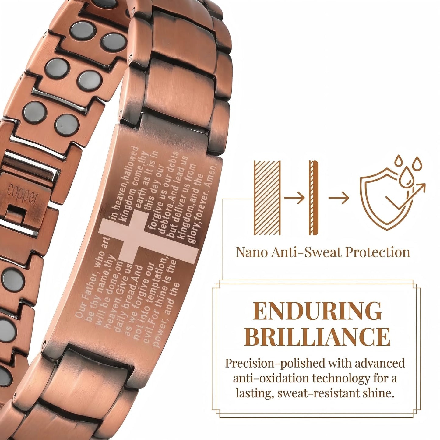 Picalela Magnetic Copper Bracelet for Men & Women, 99% Pure Solid Copper with Magnets, Adjustable Clasp, Retro Cross Design, Perfect for Stylish Matching (COPPER)