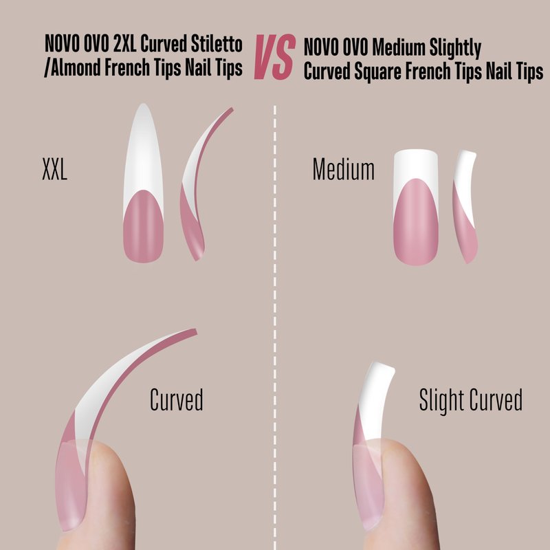 NOVO OVO Halloween XXL Curved Stiletto Almond French Tip Nail Tips, Soft Gel Extra Thick Long Acrylic Hawk Curve Fake Extension, Need Builder Gel & Top Coat, Full Cover Press on DIY 12 Sizes 240 pcs