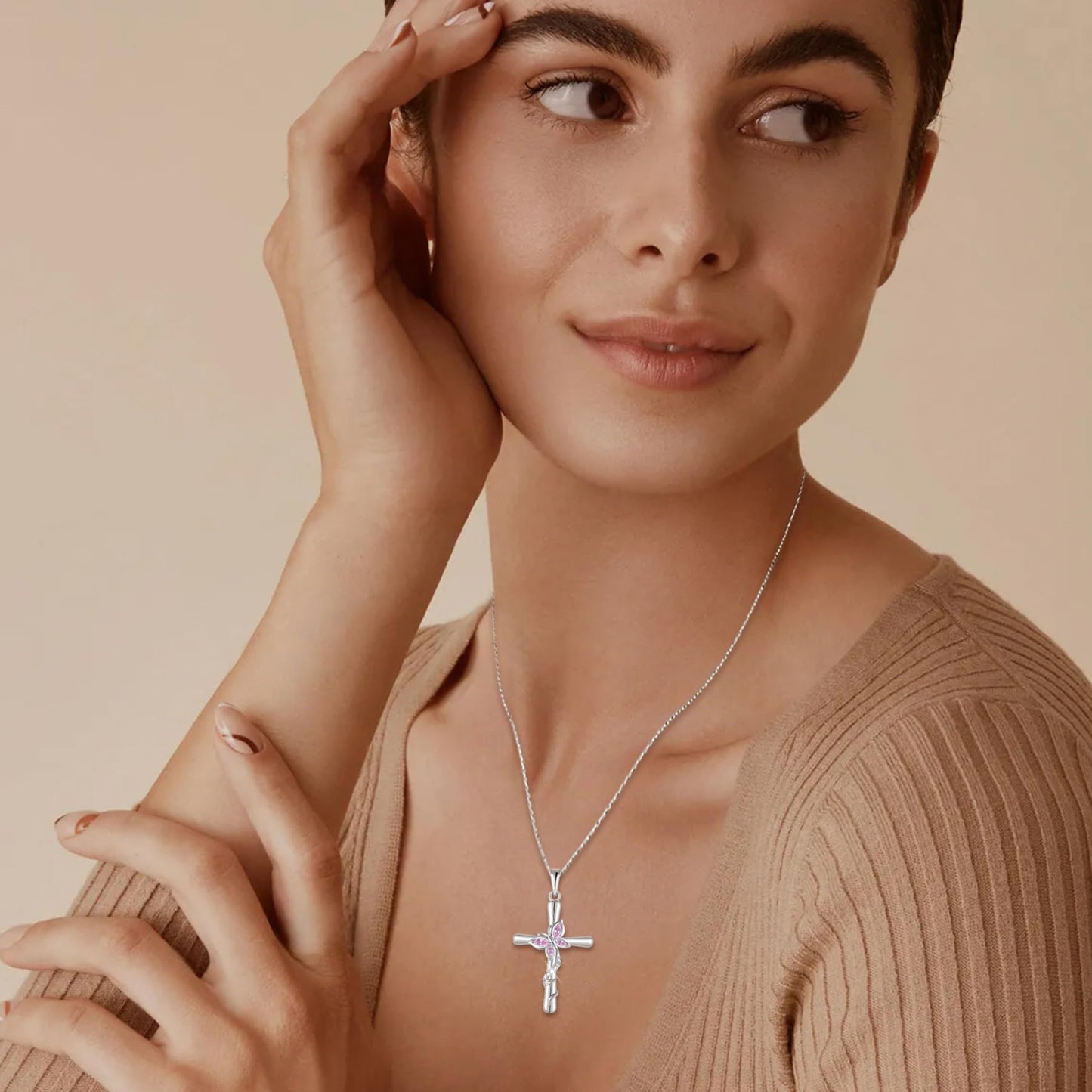 Blaniy Cross Necklace for Women 925 Sterling Silver Butterfly Necklace Pink Tourmaline Pendant Necklaces October Birthstone Jewelry Gifts for Women