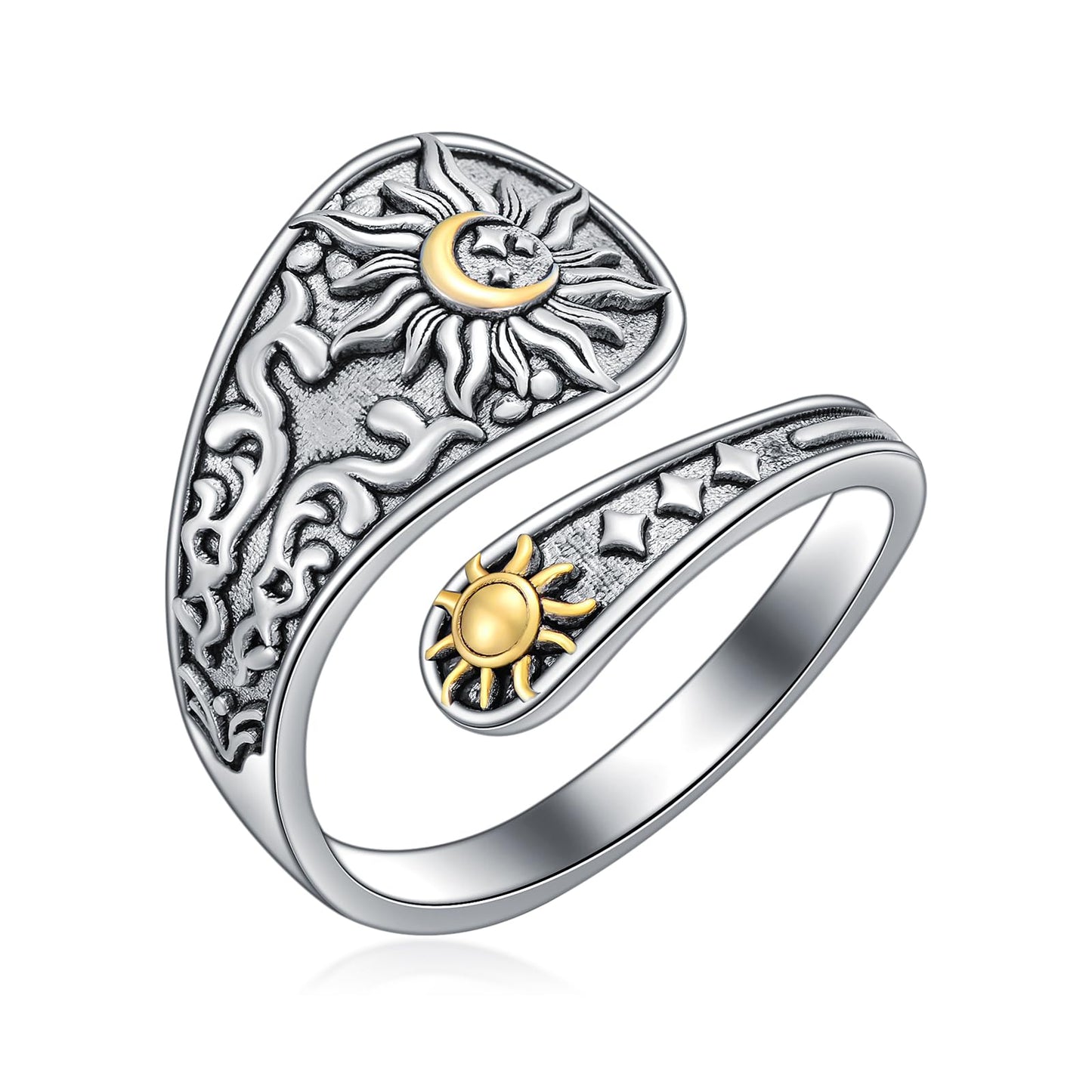 Midari Sun and Moon Stars Spoon Rings Sterling Silver Sun and Moon Ring for Women Adjustable Thumb Rings Vintage Finger Open Spoon Rings for Women Daughters(Customization)