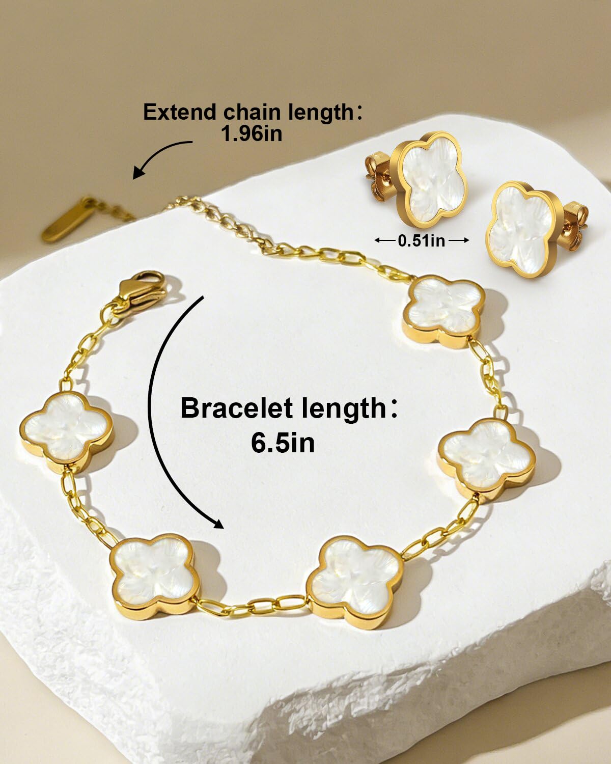 Aimétte Monette 18K Gold Plated Jewelry Set, Clover Bracelets and Stud Earrings Set Women's Hypoallergenic White Gold Lucky Clover Bracelet Fashion Gifts for Women Trendy
