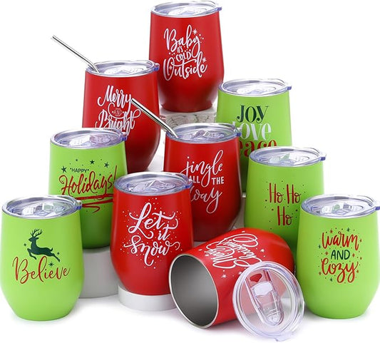 Uiifan 20 Pack Christmas Tumblers Gifts 12 Oz Xmas Funny Tumbler Christmas Stainless Steel Coffee Mugs Set Xmas Insulated Travel Cup with Straw Lid for Family Xmased Holiday Gift (Red Green)
