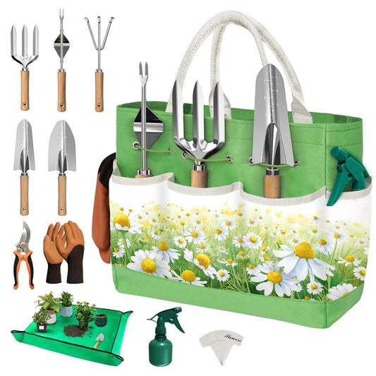 22Pcs Garden Tools Set for Women,Heavy Duty Hand Tool Kit,Gifts for Mothers Day Mom Beginner Gardening Essentials with Large Tote Bag/Repotting Mat/Trowel/Rake/Pruner/Gloves/Plant Tags-Green