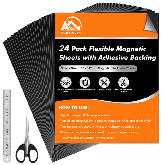Aertiavty 24 Packs Magnetic Sheets with Adhesive Backing 8.5x11 Inch Adhesive Magnetic Sheets for Dies Storage - 20 Mil Magnetic Contact Paper Peel and Stick, Magnetic Strips with Adhesive Backing