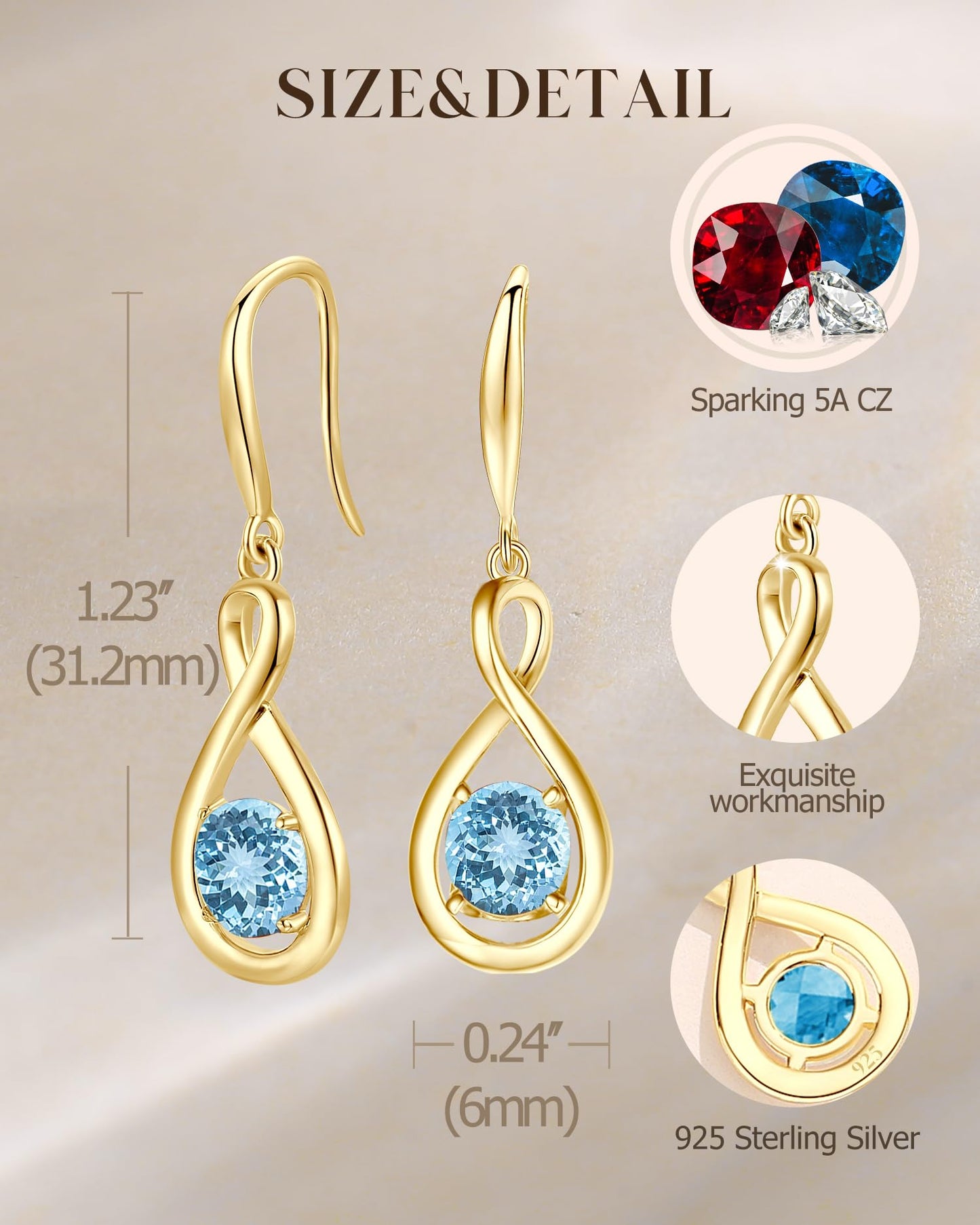 FANCIME Aquamarine Dangle Drop Earrings 925 Sterling Silver Yellow Gold Plated Dainty Infinity Blue Gemstone March Birthstone Earring Fine Jewelry Birthday Mothers Day Gifts for Wife Her Women