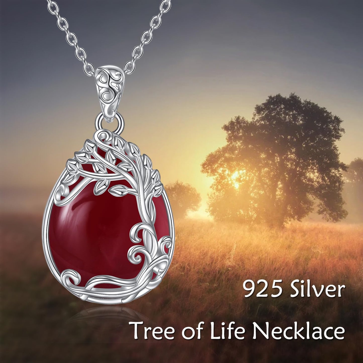 YAFEINI 925 Sterling Silver Red Agate Necklace Tree of Life Teardrop Pendant Necklace Jewelry for Women (KK-Tree of Life Red Agate Necklace)