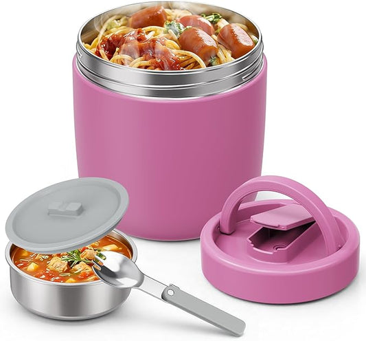 Thermo for Hot Food Adults, 40.5oz Wide Mouth Soup Thermo Lunch Containers with Spoon, Stainless Steel Vacuum Insulated Bento Lunch Box,Lunch Containers with Handle(Pink)