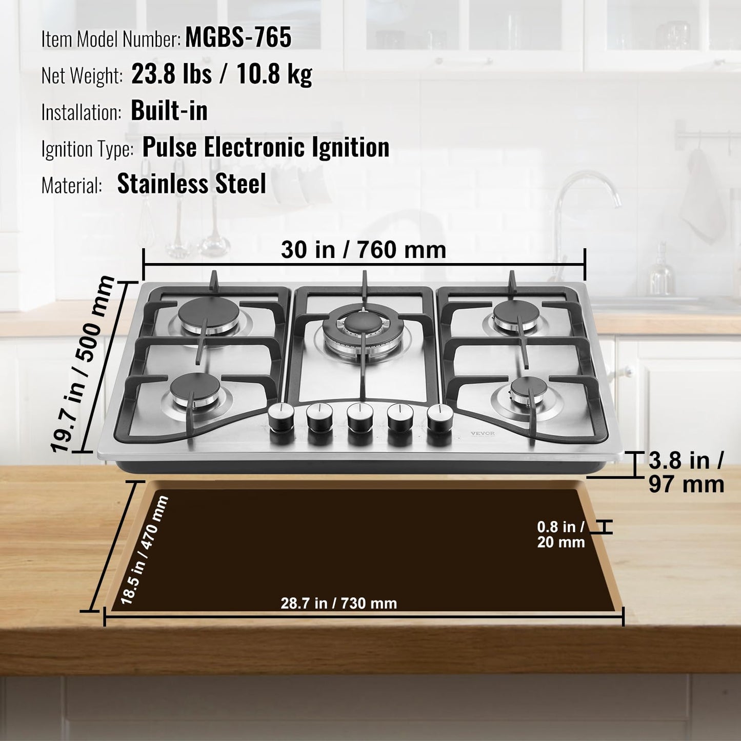 VEVOR 30-inch Gas Cooktop, 5 Burners Built-in Gas Stove Top, Max 12250BTU NG/LPG Convertible Stainless Steel Cooktops, with Thermocouple Protection for Camping, RV, Apartment