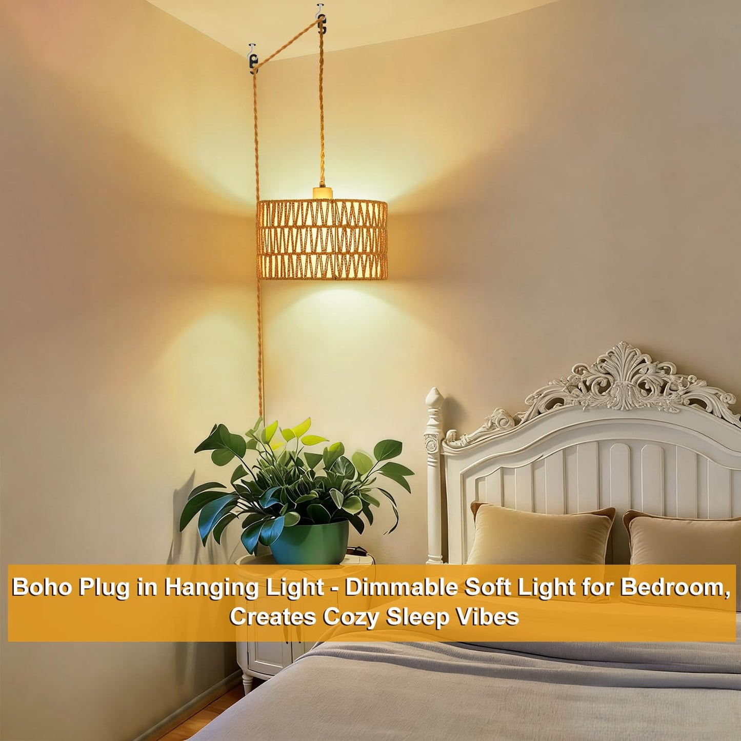 Vannise Dimmable Boho Hanging Lights with Plug in Cord 14.7ft，2 in 1 Shade Plug in Pendant Light Rattan Hanging Lamp with E26 Bulb, Long Lasting Wicker Plug in Pendant lamp Fixture for Living Bedroom