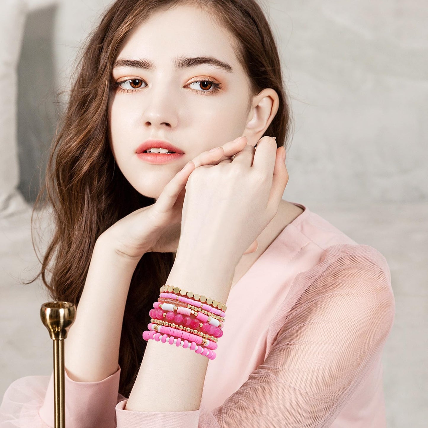 GOOJIDS Pink Surfer Heishi Clay Bead Bracelets for Women Bohemian Stackable Gold Plated Beaded Stretch Bracelets Elastic Layering Friendship Bracelets Set Boho Jewelry