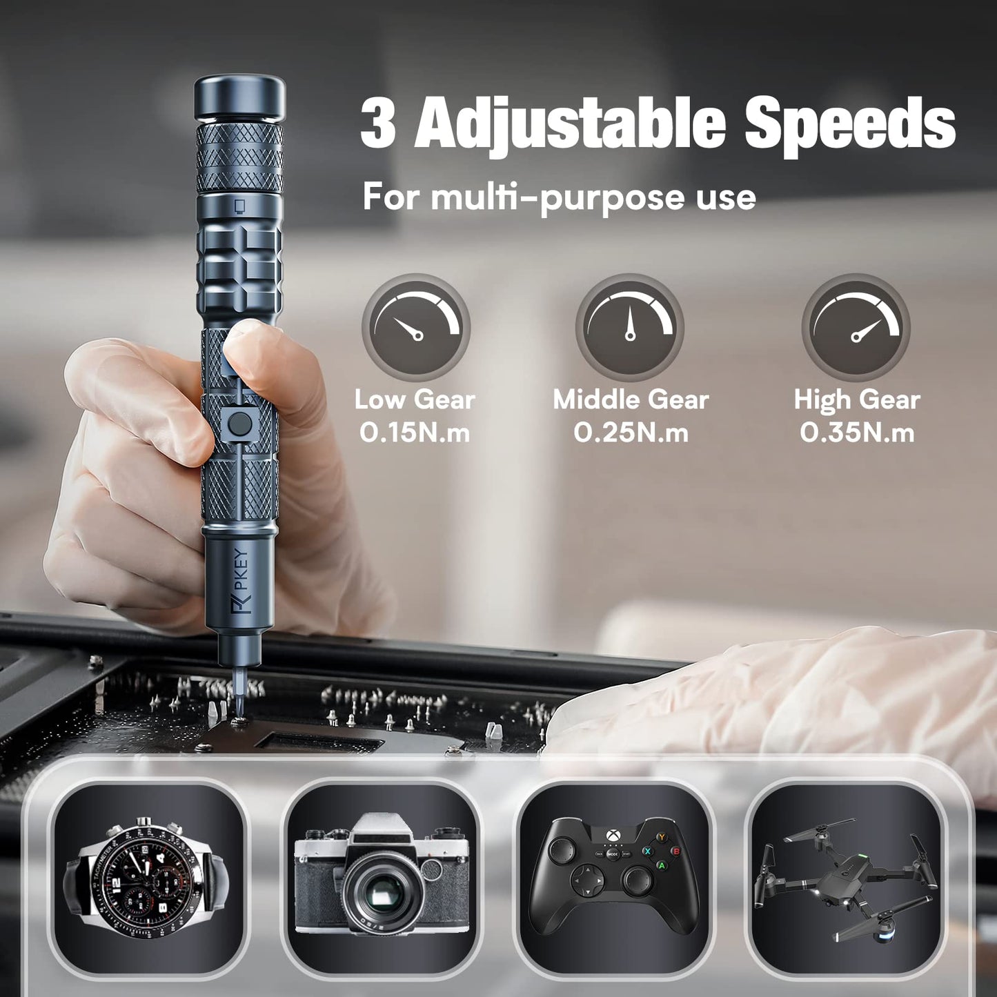 PKEY Cordless Electric Screwdriver Set, Mini Electric Screwdriver, 28 Magnetic Bits, 3 Gears Torque, Two batteries，Rechargeable Portable Repair Tool Kit for Electronics Laptops Clocks Glasses Camera