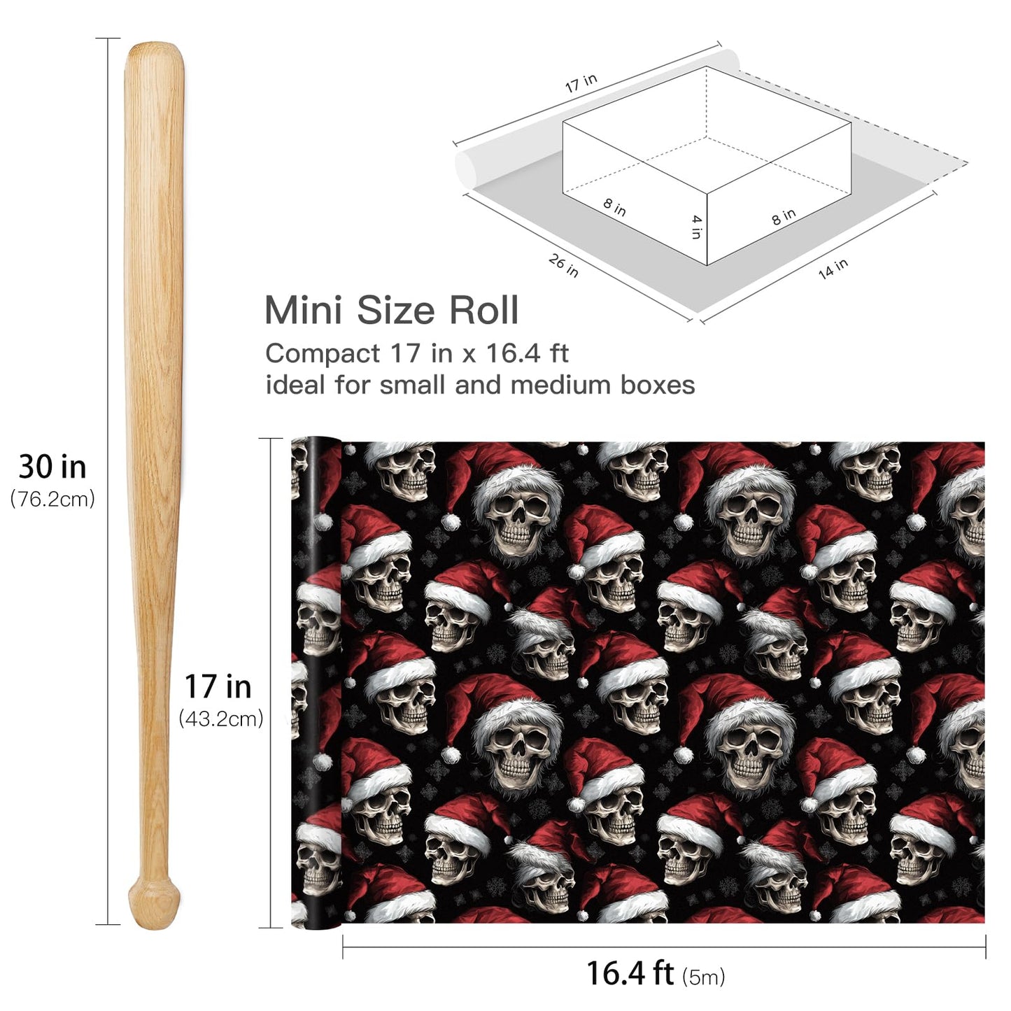 RUSPEPA Christmas Skull Wrapping Paper Roll, Mini Roll, Gothic Santa Skull with Red Hat and Snowflakes, Dark Holiday Gift Wrap for Alternative, Punk Party, 17 Inches x 16.4 Feet