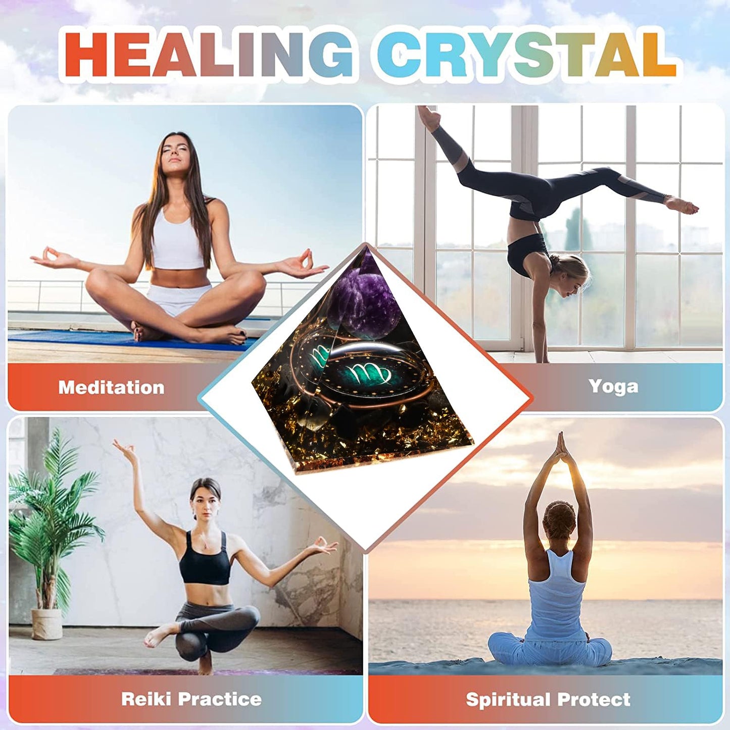 12 Zodiac Orgone Crystal Pyramid, Natural Amethyst with Obsidian,Healing Crystals Pyramid for Protection Chakra, Unique Constellation Pyramid for Positive Energy, Healing Money Health(Virgo)