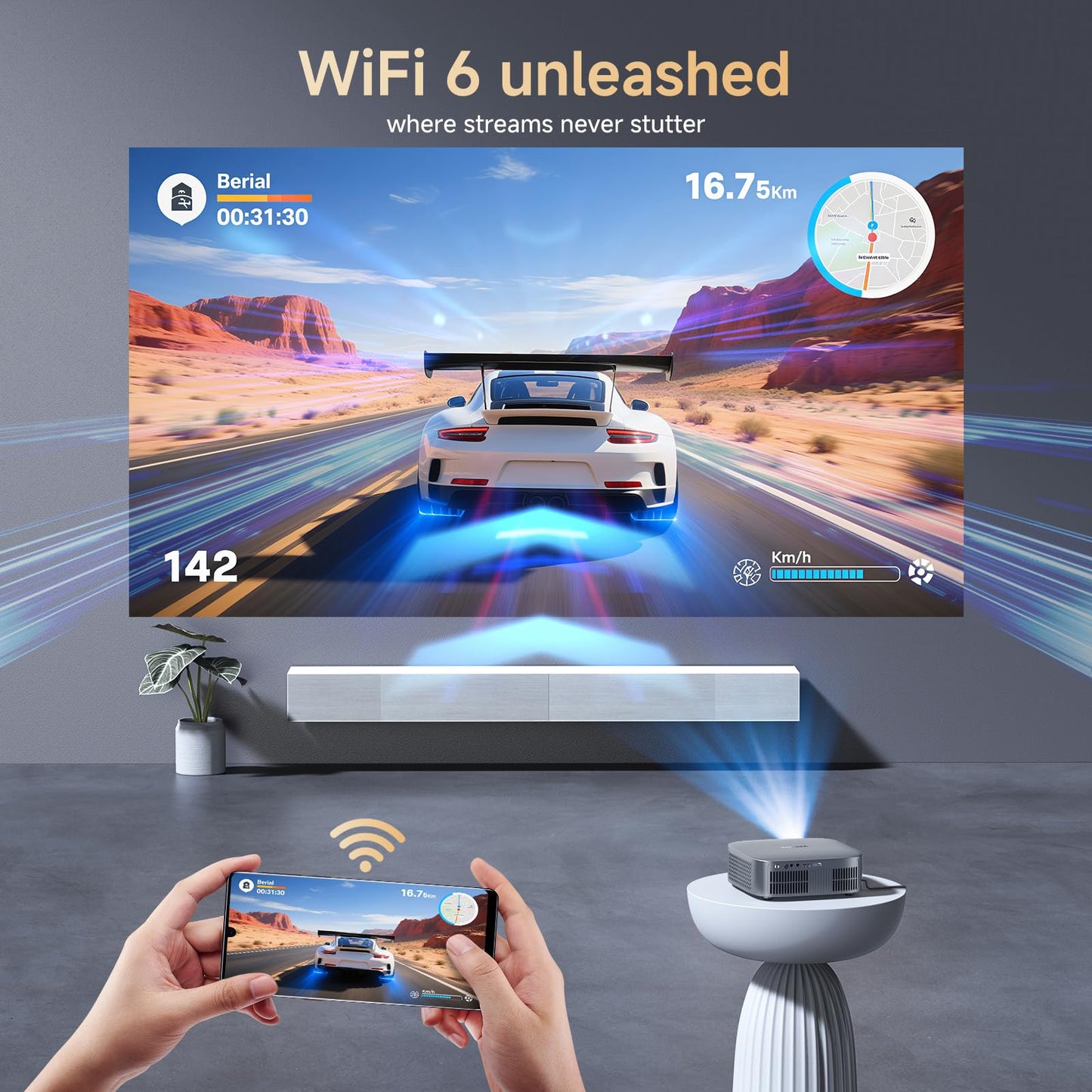 [Short Throw/Built in Apps] Projector 4K with WiFi and Bluetooth, 2000ANSI TOF Auto Focus Keystone Smart Projector for Dolby Audio Home Theater Movie, Kogata Outdoor Projector Portable Ceiling Gray