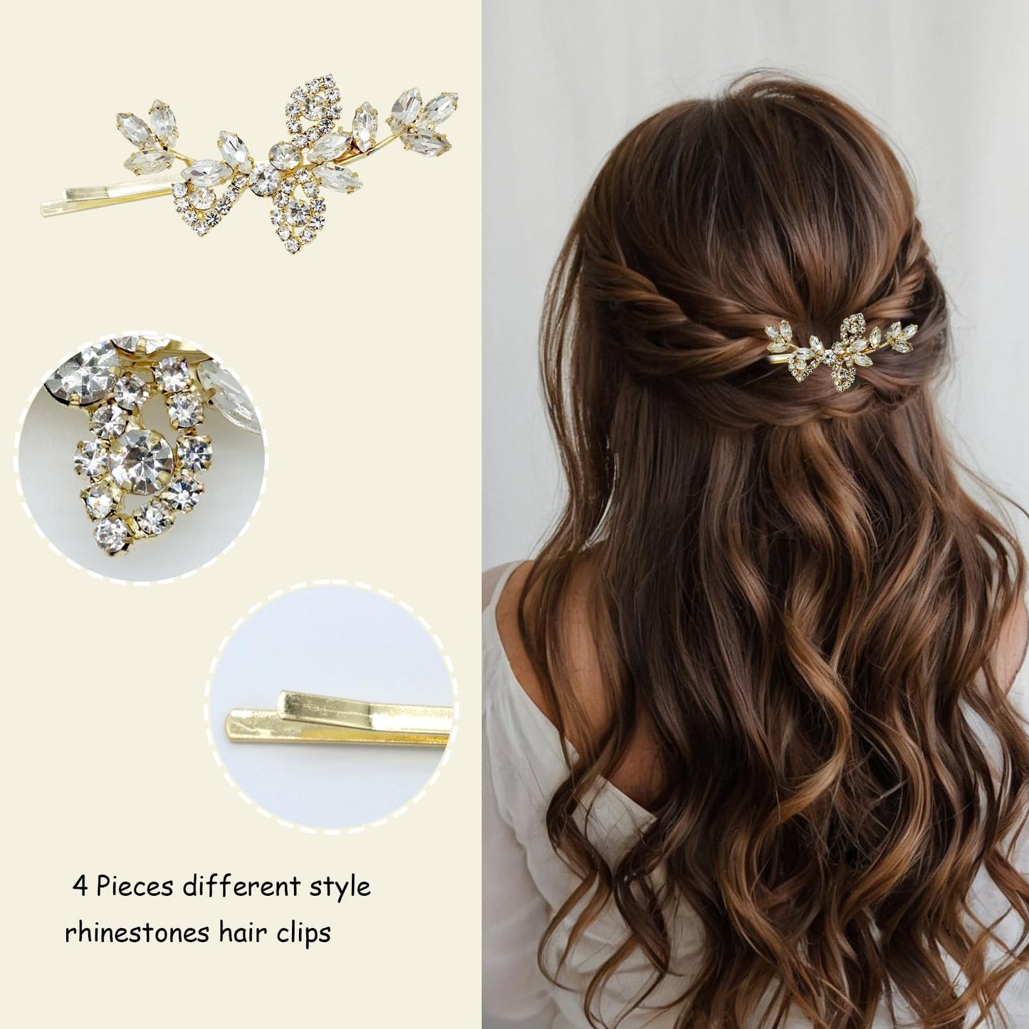4 Pieces Rhinestone Hair Clips Gold Leaf Wedding Hair Pins Crystal Bobby Pins Gold Bridal Hairpin Barrette for Brides Bridesmaids Flower Girls