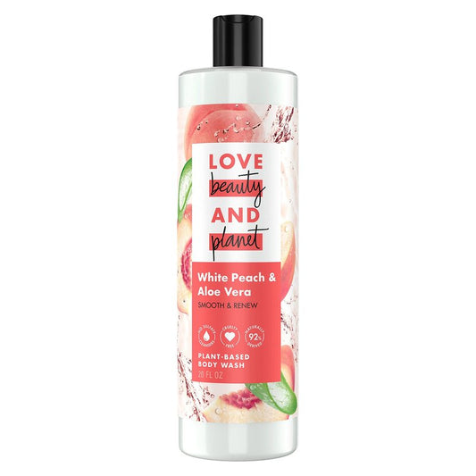 Love Beauty and Planet Plant-Based Body Wash Smooth & Renew White Peach & Aloe Vera No Sulfate Cleansers, Cruelty Free, 92% Naturally Derived 20 oz