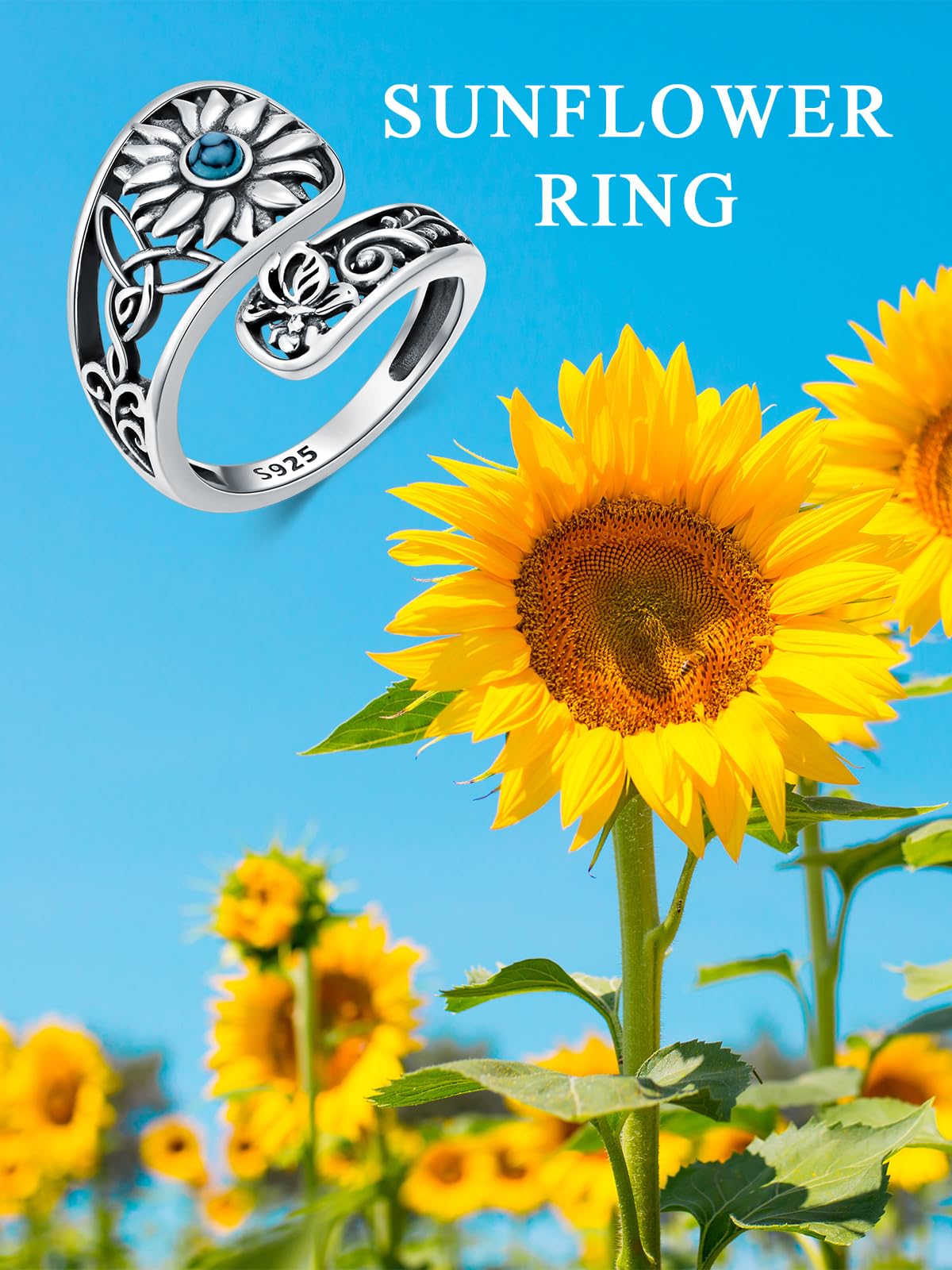 Midari Sunflower Spoon Rings for Women Sterling Silver Sunflower Turquoise Adjustable Flower Rings Spoon Jewelry for Women Christmas Birthday Gifts(Customization)