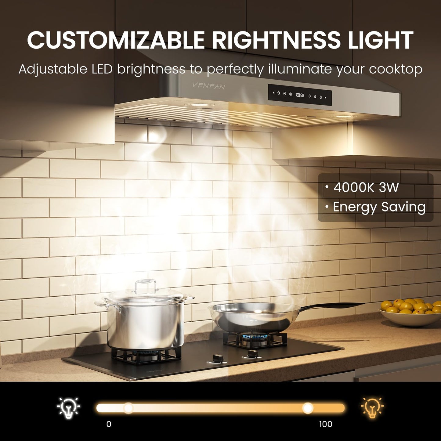 VENFAN Under Cabinet Range Hood 30 Inch - 1200 CFM Ultra Powerful Suction, Gesture Sensing & 4-Speed Touch Control, Dishwasher Safe Filters, Stainless Steel Kitchen Hood