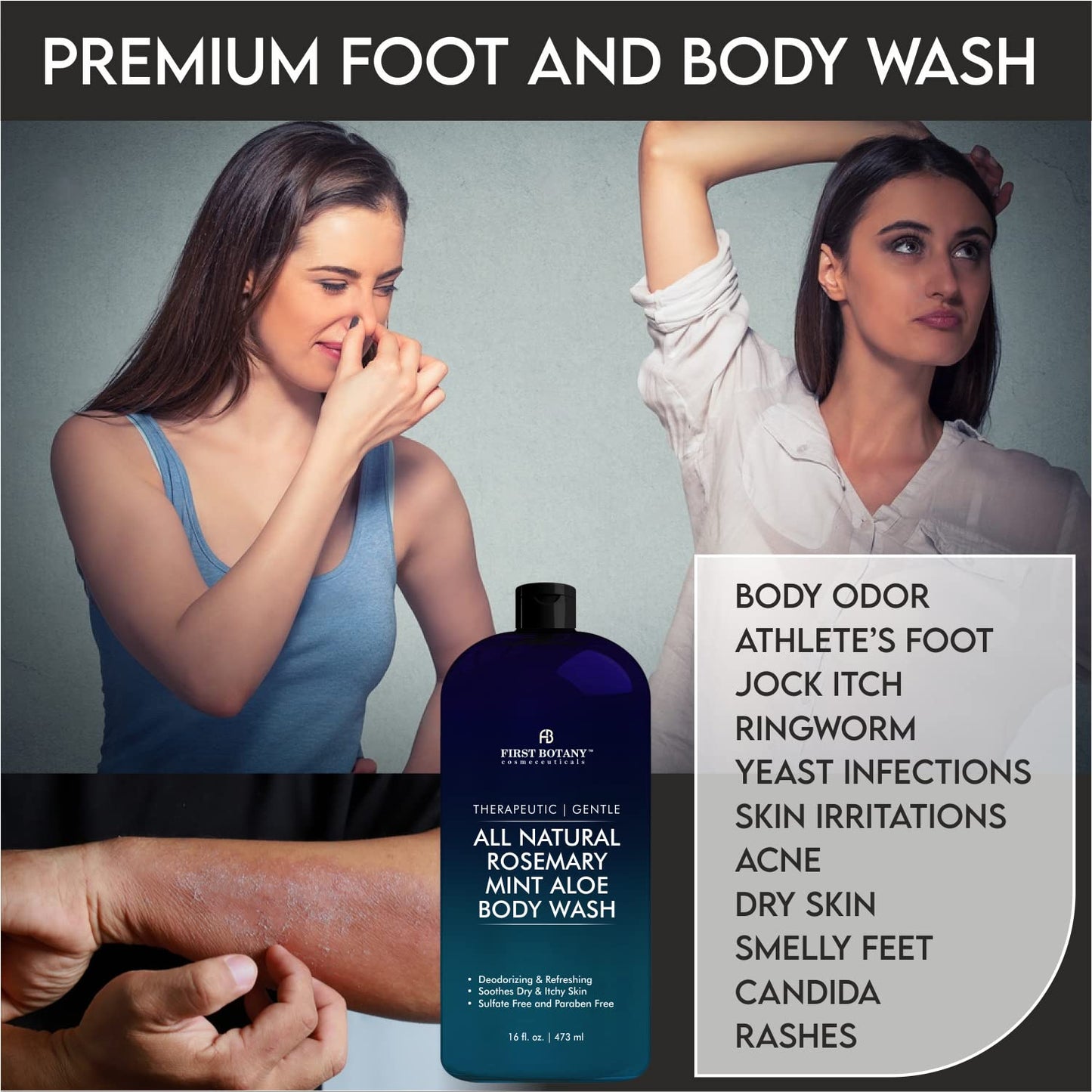 First Botany, ALL Natural Body Wash - Fights Body Odor, Athlete's Foot, Jock Itch, Nail Issues, Dandruff, Acne, Eczema, Shower Gel for Women & Men, Skin Cleanser -16 fl oz (Rosemary Mint)