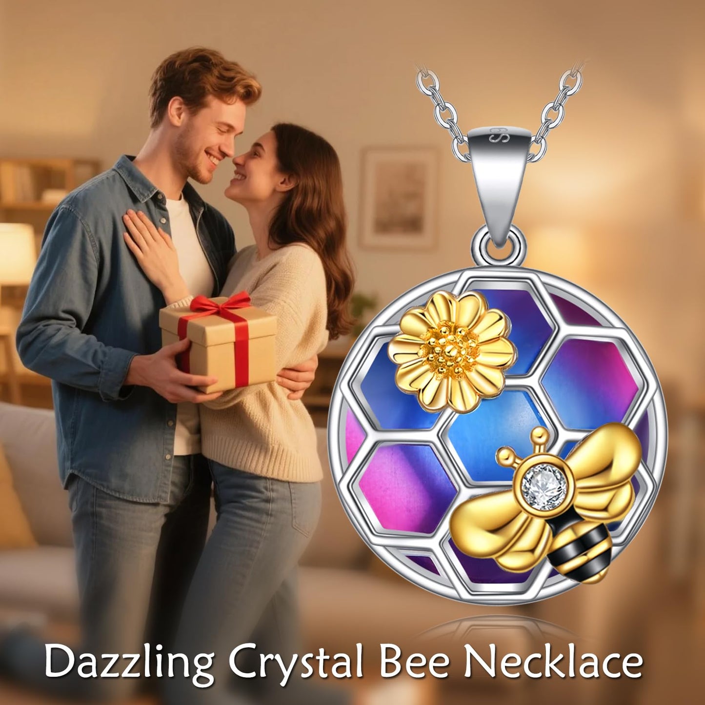 LUHE Bee Necklace for Women Sterling Silver Cat's Eye Stone Pendant Jewelry Gifts for Women