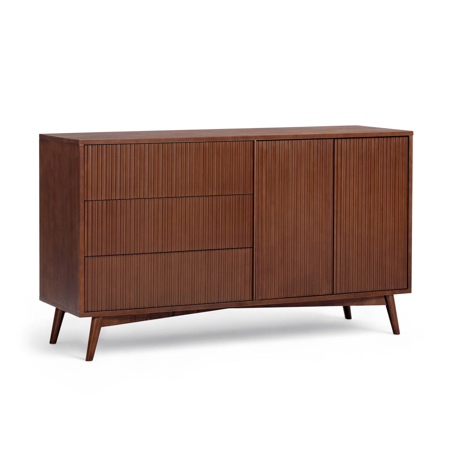 Teamson Home Tremolo 55″ Wide Sideboard Cabinet with 3 Deep Drawers & 2 Push-Open Doors, Adjustable Shelf & Solid Rubber Wood Feet, Fluted Fronts in Contemporary Style for Living, Dining Room, Walnut