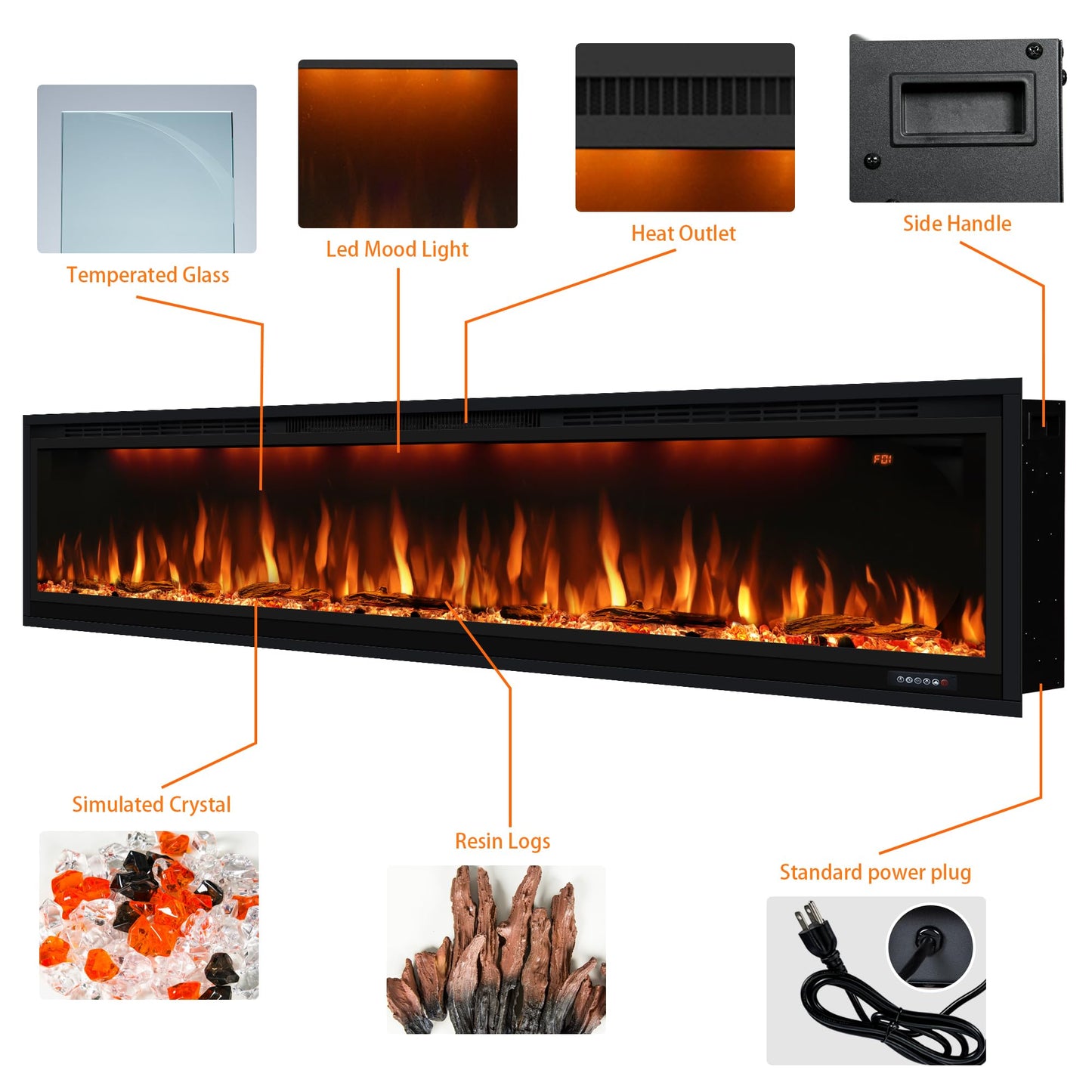 Dreamflame 74 inch Electric Fireplace, Smart Fireplace Insert recessed in Wall and Wall Mounted fire Place Heater with Metal Frame, Multicolor Flame & Realistic logs，Thermostat& Timer, 1500W, Black