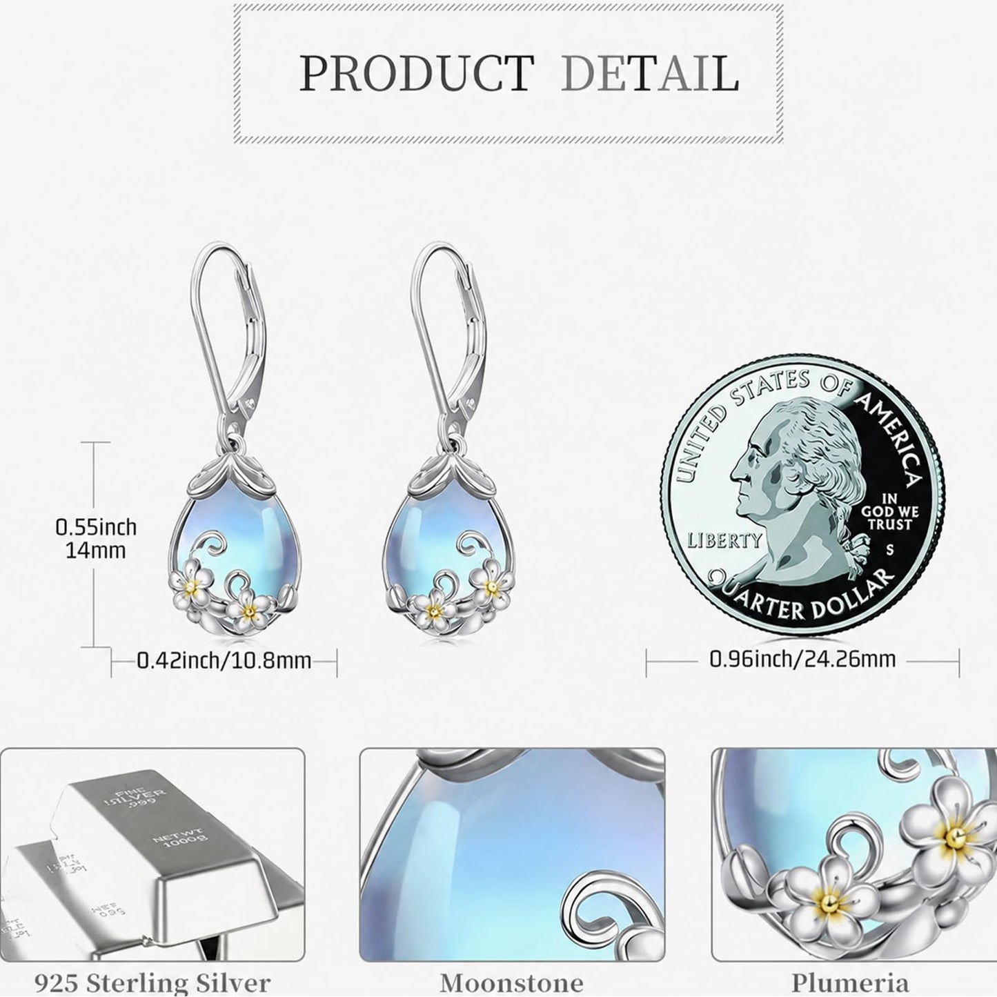 KoyeKei Plumeria Earrings for Women 925 Sterling Silver Plumeria Hawaii Moonstone Dangle Drop Leverback Earrings Hawaiian Jewelry Graduation Birthday Gifts for Girlfriend Her Lover