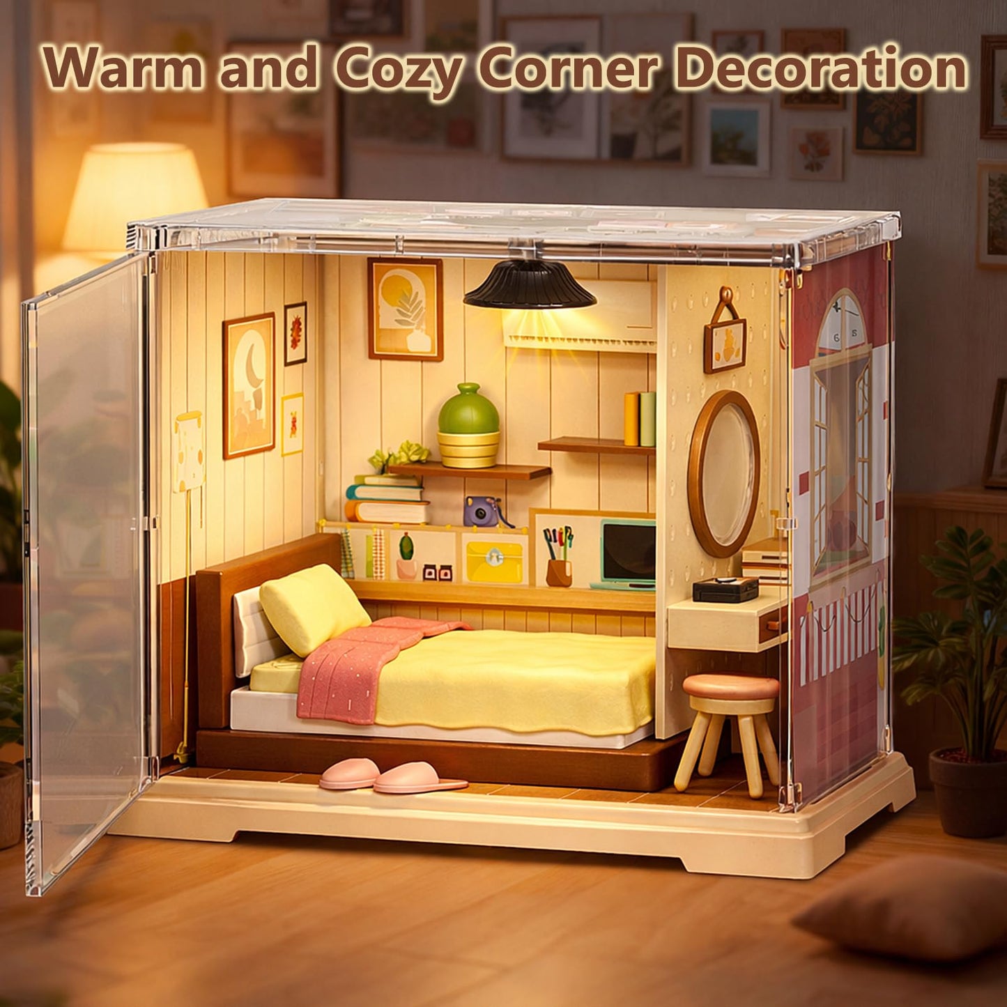 BUSOHA DIY Miniature Cozy Home House Kit - Tiny House with LED Light & Dust Cover Tiny Home with Furniture for Adults Dollhouse Model Building Set, Mini Room Craft Gift for Women & Teens