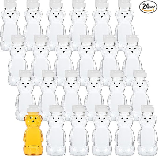 24 Pcs 8 oz Plastic Honey Bottles, Bear Bottle Clear Empty Containers Bulk 240 ML Bulk Honey Jars with White Flip Top Lid, Juice Bottle Squeeze Bottles for Condiment Storing and Dispensing