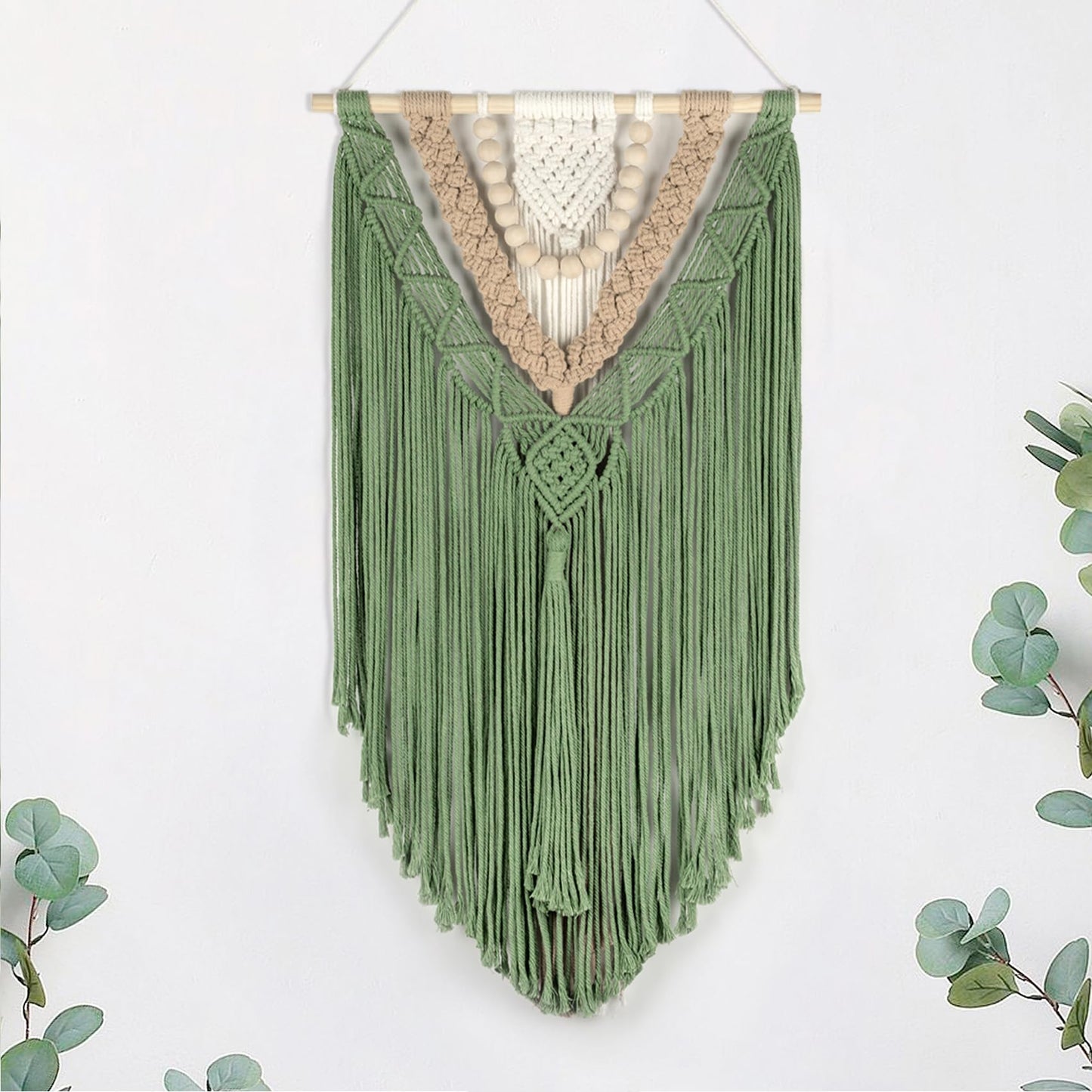 EOBTAIN Green Macrame Wall Hanging Boho Home Decor,Handmade Craft Handwoven Tapestry for Gallery Nursery Living Room,Natural Cotton Cord and Wood Beads Tassel Bohemian Art Decoration,30 Inch