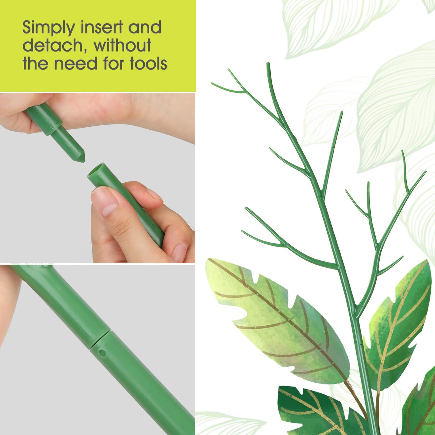 10 Pack Plant Support Stakes for Indoor Plants, 27.56 Inch Twig Plant Sticks with Orchid Clips Twist Ties and Plant Ties for House Potted Plants and Flower, Plastic Branches Support Structures, Green