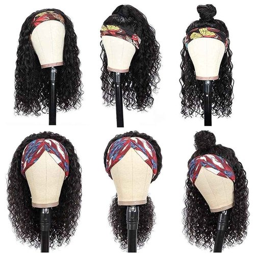 mmiQus Long Headband Wig Human Hair Water Wave Headband Wigs for Women Curly Wigs Glueless No Lace Front Wig Brazilian Virgin Human Hair 180% Density Natural Black 24 Inch