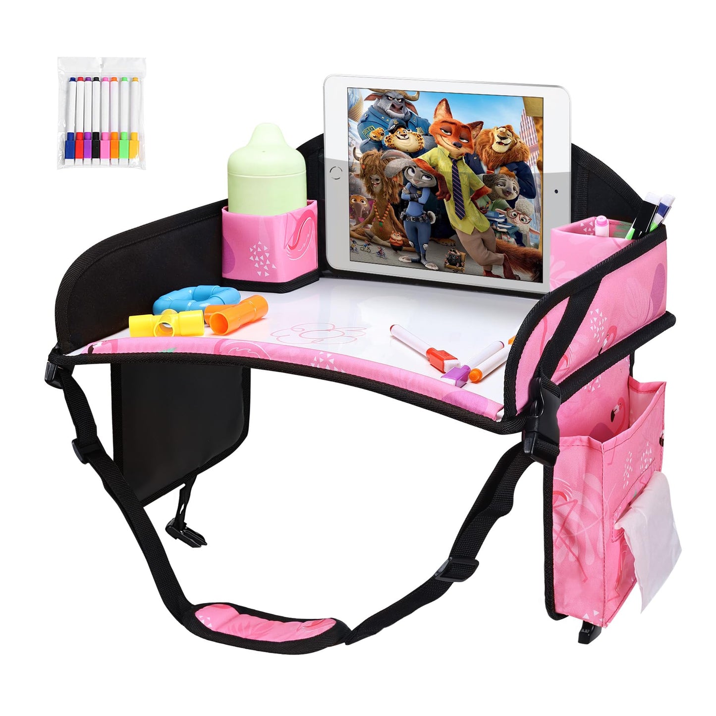 WENRENER Kids Travel Tray, 3PCS Car Seat Tray for kids Travel, Toddler Road Trip Essentials With Drawing Kit, Toddler Lap Desk Organizer for Car, Carseat Table for Airplane