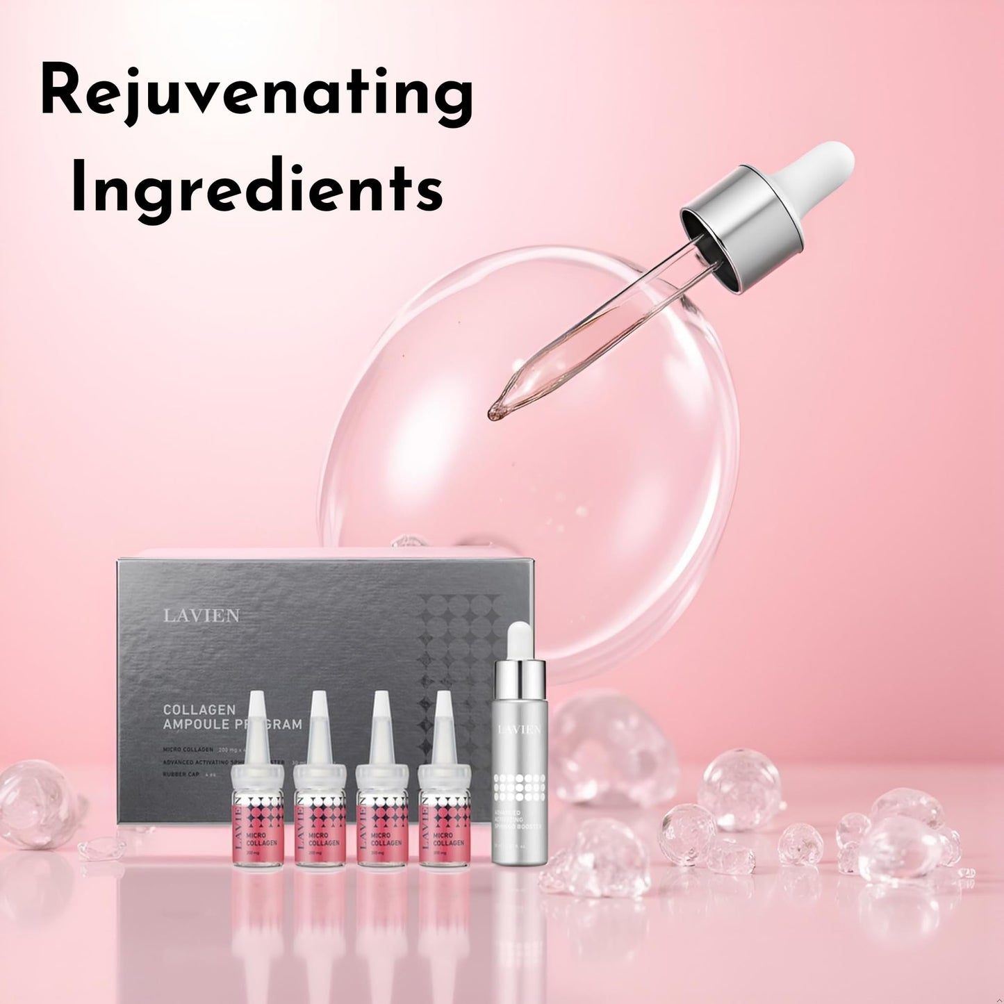 Lavien Collagen Ampoule Program (Pink) - Skin Elasticity, Low Molecule Collagen, Skin Aging Improvement, All Skin Types - 30 ml Buster Bottle, 4-200 mg Collagen with Dropper