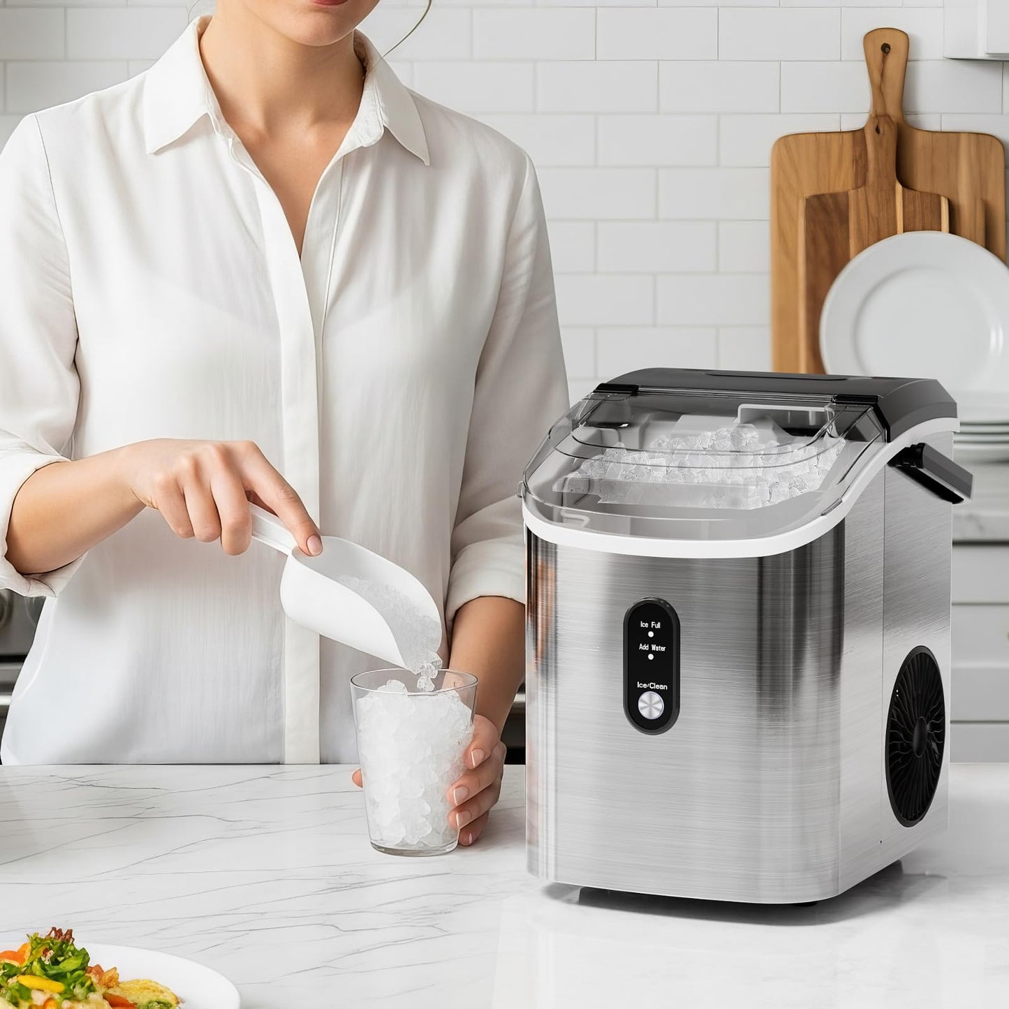 Antarctic Star Nugget Ice Makers Countertop with Self-Cleaning, 35lbs/24H, Portable Sonic Ice Maker Machine with Handle/Basket/Scoop for Home, Kitchen, Office, Camping(Stainless Steel Silver)
